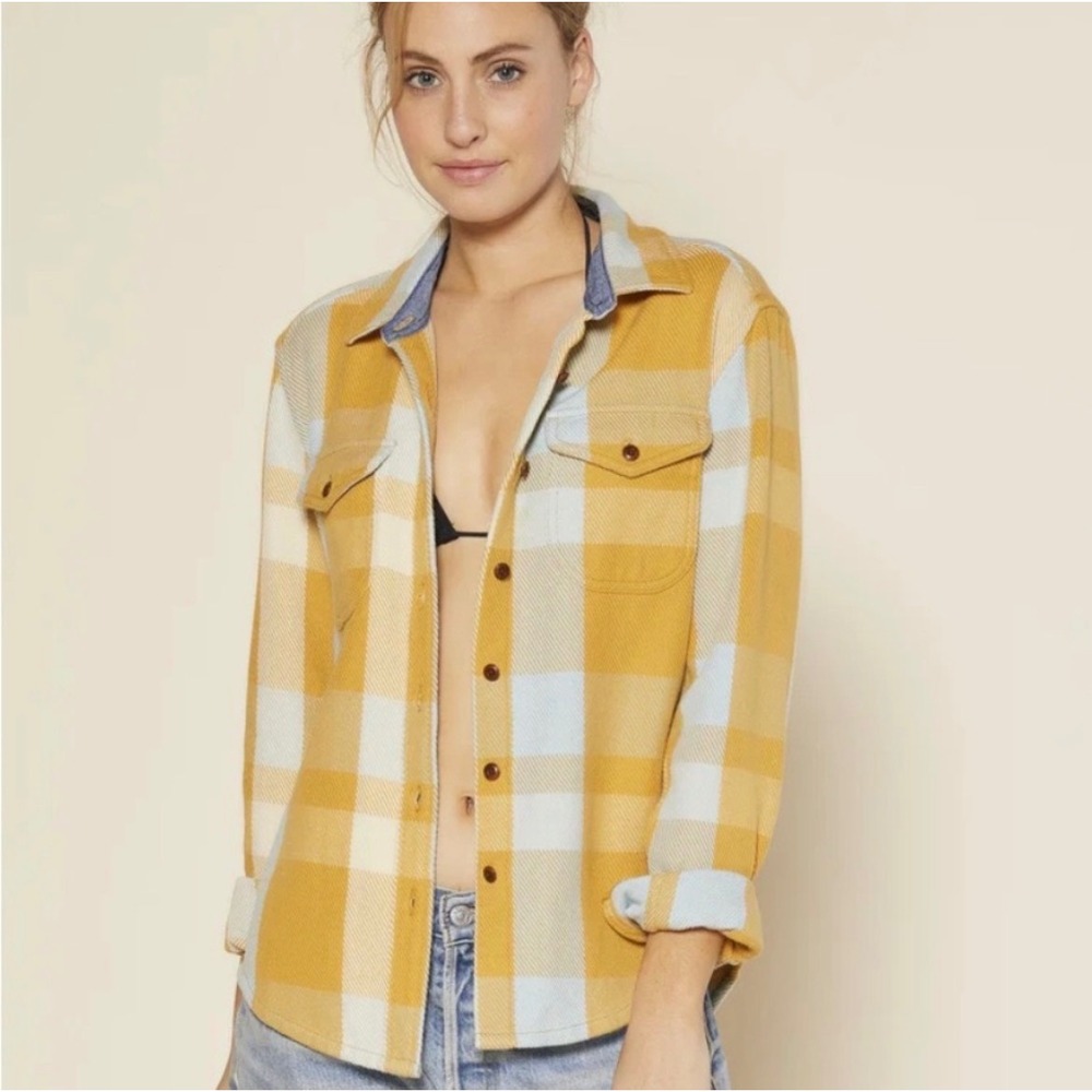 Outerknown Blanket Shirt Women M/L Yellow Blue Plaid Organic Cotton Twill Button